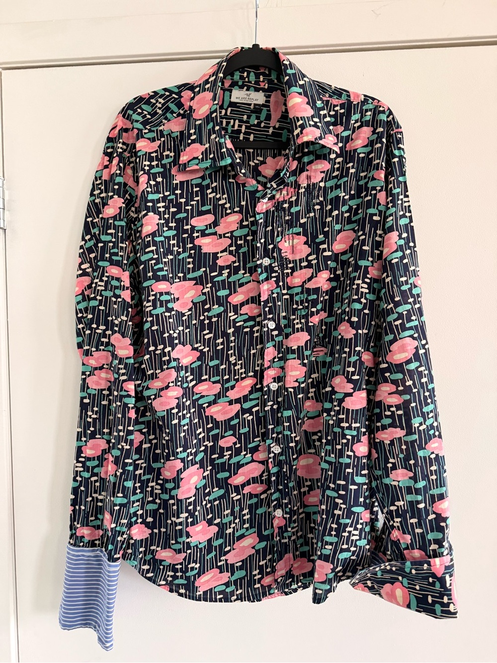 Men's Navy Floral Button-Up Shirt with Pink Accents and b